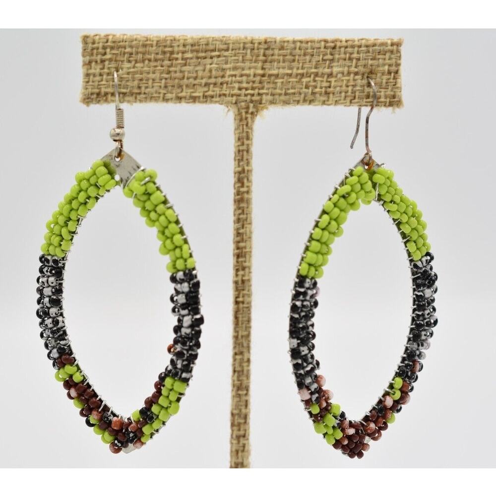 Vintage Beaded Dangle Earrings Colorful Green Brown Black Boho 90s 1990s  BinAB